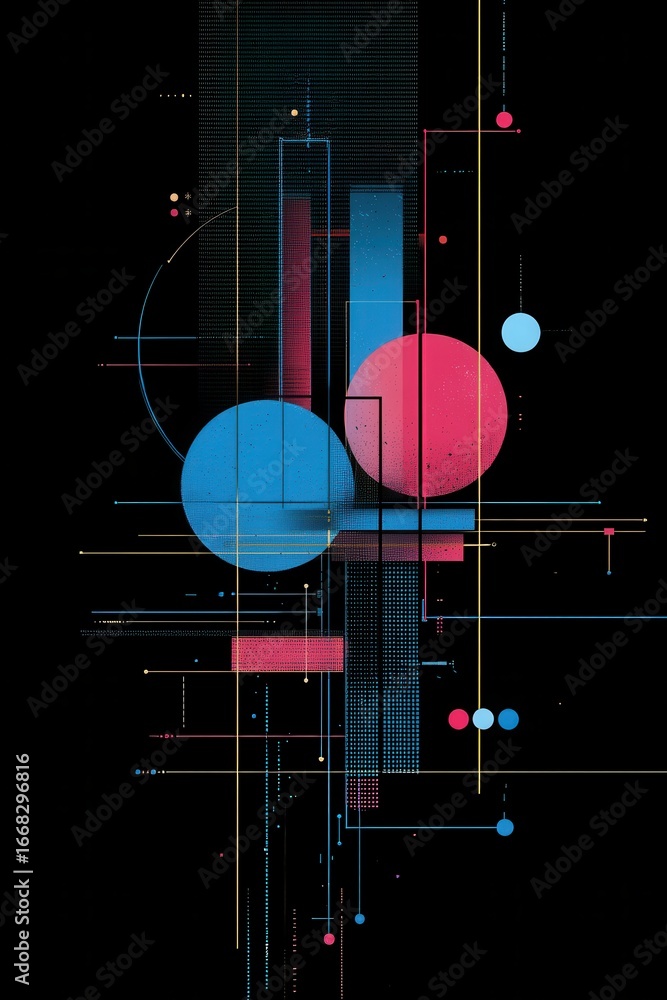 Poster colorful abstract geometric digital composition with circular and linear elements