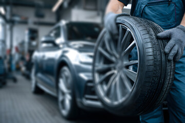 man in blue overalls holding wheel of an suv with gray gloves on his hand standing inside premium auto store, close-up detail showing rubber rim and modern interior design with gray floor background