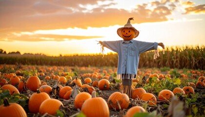 Scarecrow with Pumpkin Head in Sunset Field, Dramatic Sky