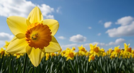 Obraz premium Vibrant yellow daffodil blooms under a bright blue sky with fluffy clouds