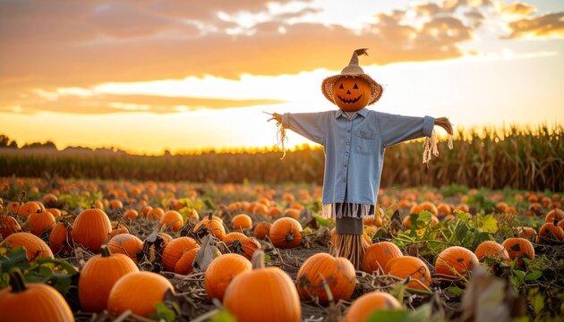 Scarecrow with Pumpkin Head in Sunset Field, Dramatic Sky
