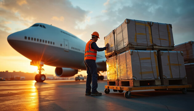 Worker in safety gear handles cargo shipments near airplane at aerodrome during sunset. Global trade industry operations showcase efficiency in logistics, shipping, and air freight distribution.