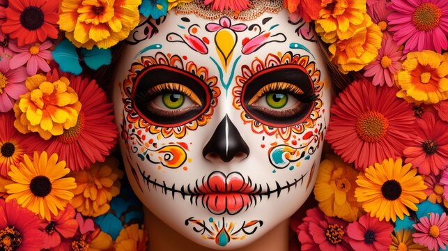 Woman wearing calavera catrina makeup posing with colorful flowers for day of the dead celebration