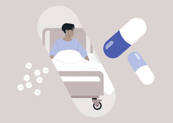 A patient sits in a hospital bed, wrapped in white sheets, amidst various pills and capsules. The ambience conveys a blend of care and the healing power of medication.