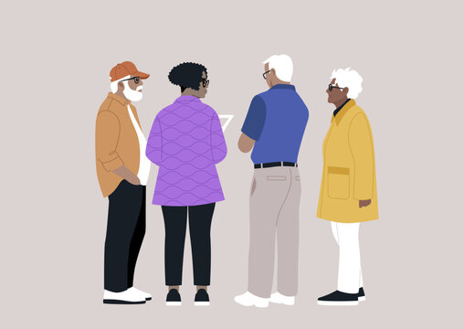 A group of five senior individuals share ideas during a casual afternoon gathering, deep in conversation about upcoming community initiatives and events