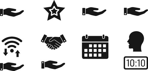 Business icons, handshake, star, calendar, clock, head profile, wifi signal, hand gesture, black silhouette, flat design, digital illustration, symbol collection, time management, partnership concept