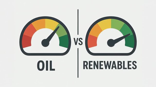 Oil renewable energy comparison with meter dial indicator gauges showing efficiency performance levels in stock market energy trends report