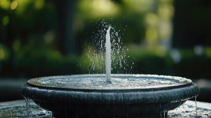 Circular fountain sprays water in a park. Perfect for tranquility, nature, and serenity themes.