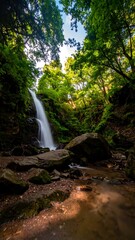 A lush waterfall cascades down a rocky incline, framed by a dense forest canopy, bathed in soft sunlight filtering through the leaves.
