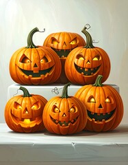 Fototapeta premium A grouping of jack-o'-lanterns, each with a distinct, playful expression, sit atop a light gray surface, evoking a Halloween mood.