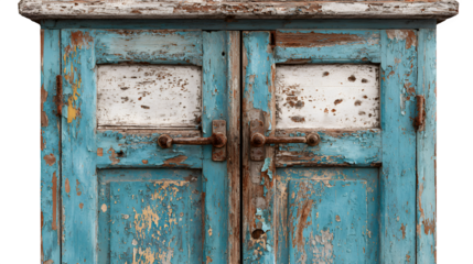 Rustic wooden door with peeling paint and vintage metal handles