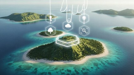 Aerial view of tropical islands with digital overlays and a hand gesture above the central island - Powered by Adobe