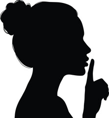 Silhouette of woman with bun hairstyle, finger raised to lips, gesture of silence, secret, quiet, peaceful, mysterious female profile, black and white.