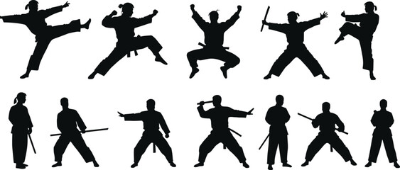 Martial arts silhouettes of karate, kung fu, taekwondo poses with weapons, training stances, combat kicks, fighter movements illustration vector