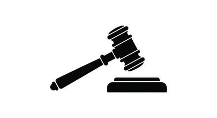 A black silhouette of a gavel and sound block on a white background