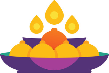 Traditional indian festival celebration bowl with sweet treats and glowing diyas vector illustration