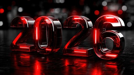 Bright red numbers display the year 2026, symbolizing the arrival of a new year filled with hope and joy during Christmas festivities. The atmosphere radiates celebration and cheer