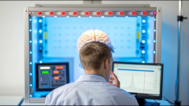 Brain computer interface machine research laboratory with scientist analyzing data monitor, advanced technology equipment, futuristic technology