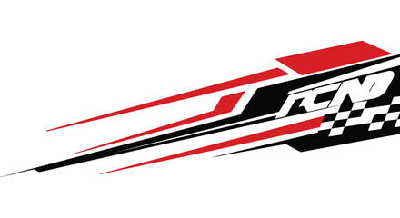 A red black and white racing logo with checkered flag pattern