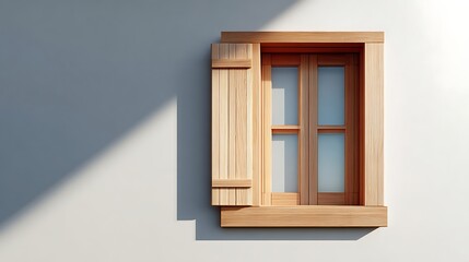 bold cedar window with wood inlays, hinged shutter, sliding sash in high definition.
