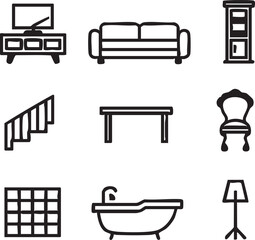 Furniture icon set vector: couch, table, bathtub, and more home decor icons eps silhouette