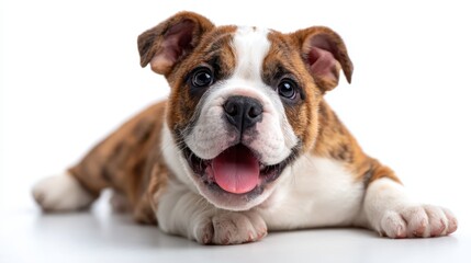 Obraz premium An adorable brindle puppy lying on a white background, showcasing a playful expression, radiates joy and affection, capturing the essence of companionship and love.