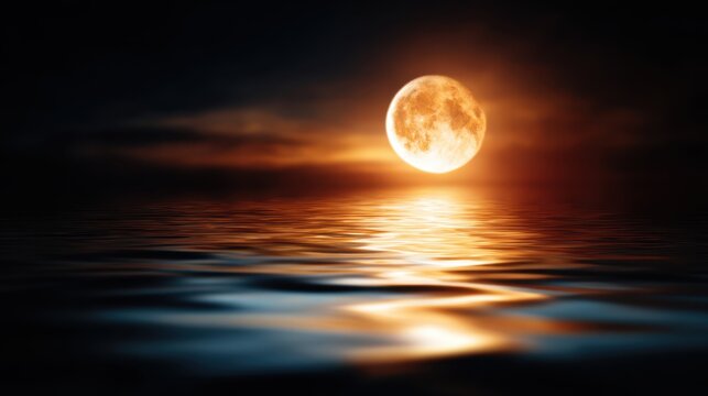 A breathtaking view of a full moon reflecting off a calm ocean surface at night, creating a serene and magical atmosphere, ideal for moments of introspection and peace.