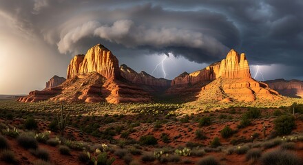 Naklejka premium Dramatic desert landscape with towering rock formations under a stormy sky with lightning strikes