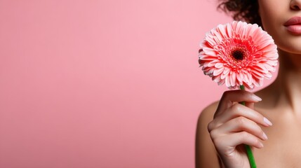 A close-up of a woman holding a beautiful pink flower in front of a soft pink background, evoking themes of femininity, beauty, and connection with nature.