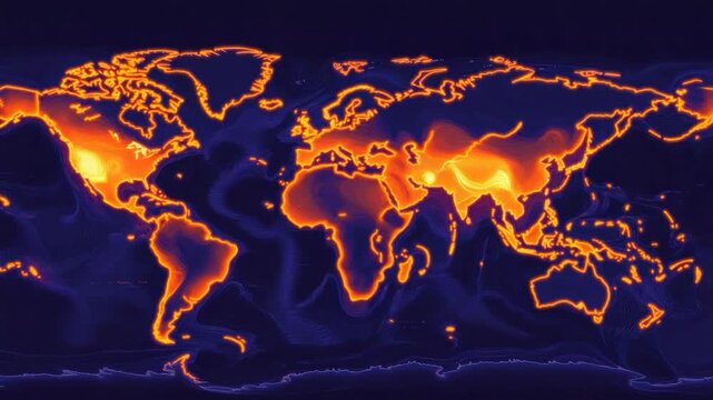 World map with glowing orange borders and shaded relief