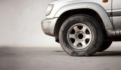 closeup of suv wheel with visible underinflated and partially deflated tire resting on neutral gray concrete background showing detail rim rubber surface and automotive repair safety problem concept