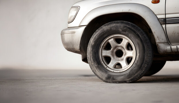 closeup of suv wheel with visible underinflated and partially deflated tire resting on neutral gray concrete background showing detail rim rubber surface and automotive repair safety problem concept