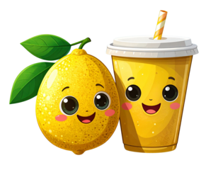  Cartoon Lemonade Cup with Straw and Smiling Lemon, PNG