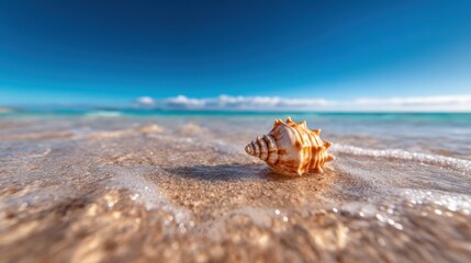 Obraz premium A beautiful seashell rests on the sandy beach as gentle waves approach, capturing the essence of coastal serenity and the beauty of nature's design.