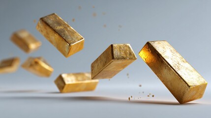 Floating treasure: a stunning image of several gold bars suspended in mid-air, symbolizing wealth, value, and aspiration. Luxurious and valuable resource.