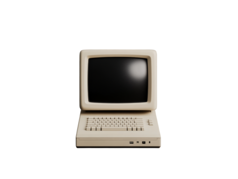 Vintage beige retro computer with keyboard and crt monitor