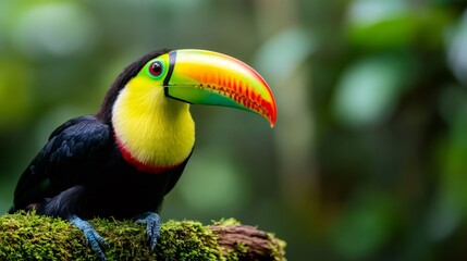 Obraz premium Keel-billed toucan perching on mossy branch in rainforest