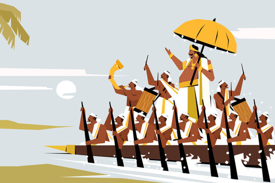 Mythological king 'Mahabali' with a traditional boat race team. Concept of Onam festival in Kerala