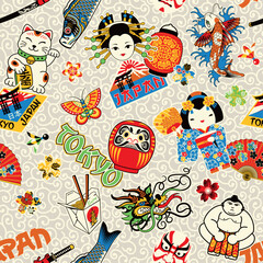 Naklejka premium Cute Japanese icon and symbol clipart with karakusa fabric background abstract cartoon vector seamless pattern for children kids shirt fabric wrapping bed cover pillow pajamas