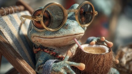 A whimsical blue frog wearing round sunglasses relaxes in a deck chair, enjoying a coconut drink with a straw.