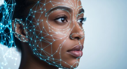 Modern woman's face analyzed by futuristic digital network