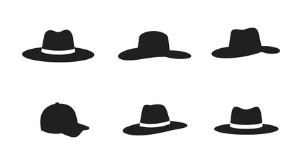 Collection of black silhouette hats in various angles and styles