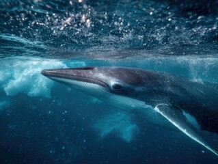 Fototapeta premium Majestic Whale Gracefully Swimming in Deep Ocean Waters with Mouth Open Capturing the Serenity and Power of Marine Life in a Vibrant Underwater Scene