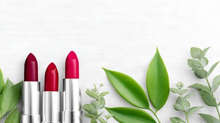 Three vibrant lipsticks in silver tubes arranged artistically on a textured white background, surrounded by fresh green leaves, showcasing beauty and elegance in cosmetic design