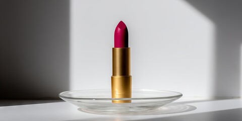 Vibrant pink lipstick in a sleek gold tube sits elegantly on a clear glass plate, illuminated by soft natural light, showcasing beauty and elegance in a minimalist setting