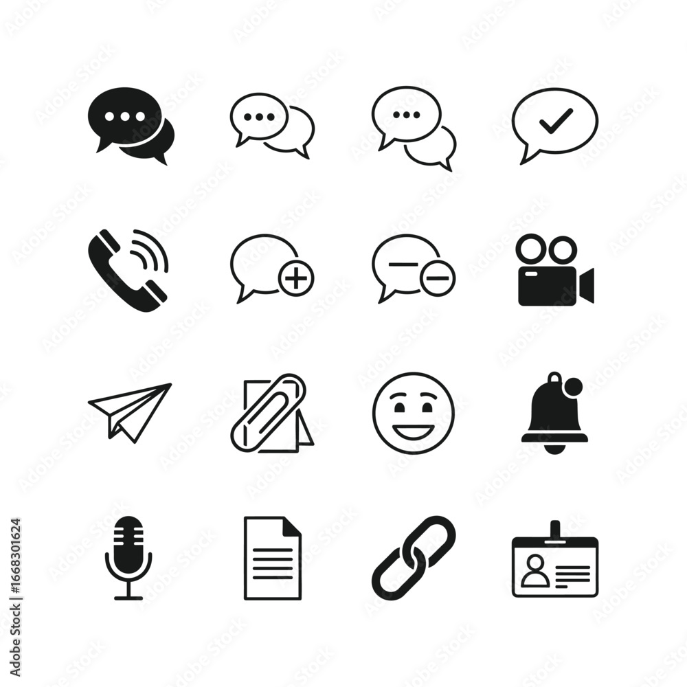 Poster set of communication and interface black icons on a white background