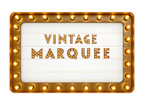 Retro marquee sign with glowing light bulbs in vintage style for theater or cinema decoration