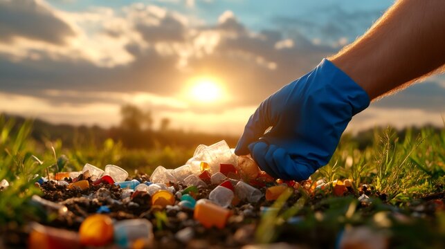 Volunteer picking up plastic waste in field at sunset: pollution problem