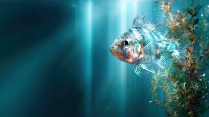 A stunning underwater shot of a fish gracefully swimming amidst soft blue hues and gentle aquatic plants, exemplifying nature's beauty and the fluidity of life in the depths.