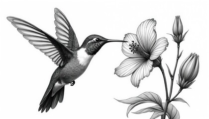 Black and white illustration of hummingbird sipping nectar from detailed hibiscus flower. Delicate linework defines bird wings, feathers, and botanical subject, creating elegant natural scene.